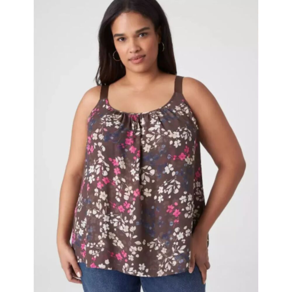Lane Bryant Size 24 Plus Brown Magenta Floral Pleat Tank Top Sleeveless Blouse